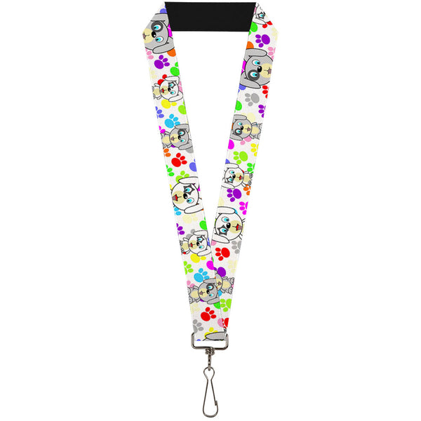 Buckle-Down Lanyard - 1.0" - Puppies w Paw Prints White Multi Color