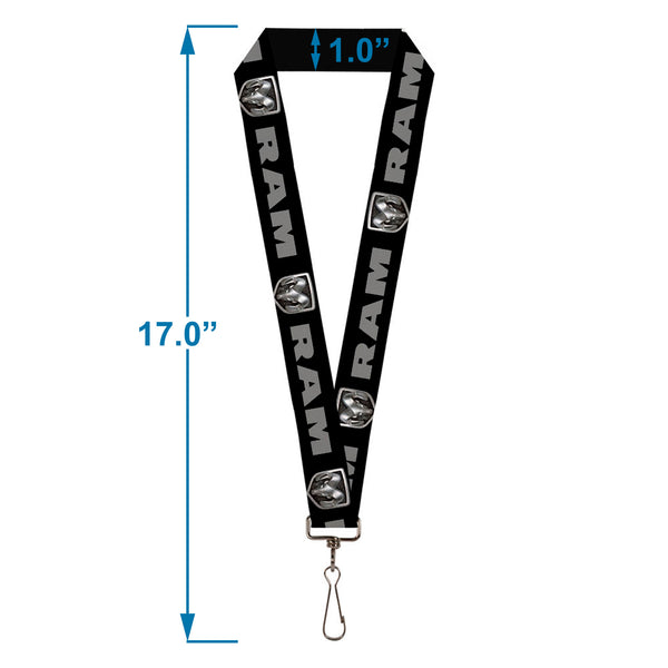 Buckle-Down Lanyard - 1.0" - RAM Bold Text Rounded Ram Icon Black Gray Silvers