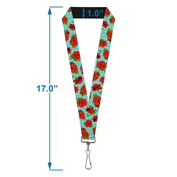 Buckle-Down Lanyard - 1.0" - Red Roses Polka Dots Turquoise