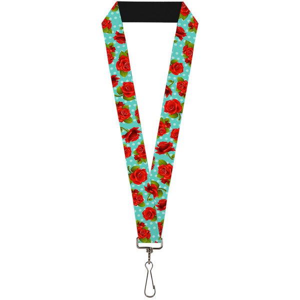 Buckle-Down Lanyard - 1.0" - Red Roses Polka Dots Turquoise