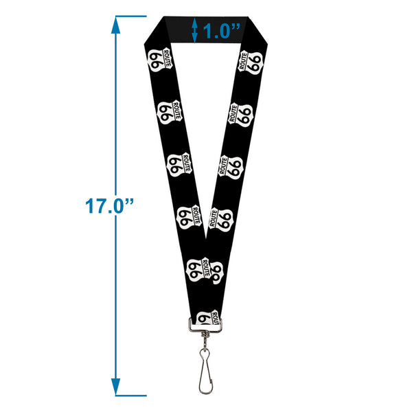 Buckle-Down Lanyard - 1.0" - ROUTE 66 Highway Sign Repeat Black White