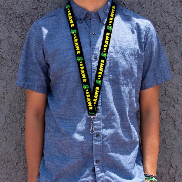Buckle-Down Lanyard - 1.0" - RRRAWR Dinosaur Black Green Yellow