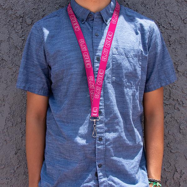Buckle-Down Lanyard - 1.0" - SLAY QUEEN Bubble Text Pink/White