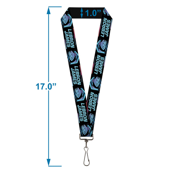 Buckle-Down Lanyard - 1.0" - Space Jam 2 LEBRON JAMES Face Icon And Text Black Blues Purples