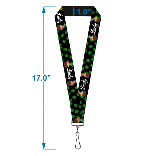Buckle-Down Lanyard - 1.0" - St Pat's LUCKY Pot Of Gold Shamrocks Scattered Black Green White