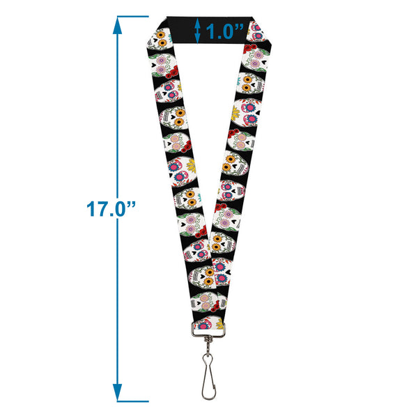 Buckle-Down Lanyard - 1.0" - Sugar Skull Outline Black Multi Color