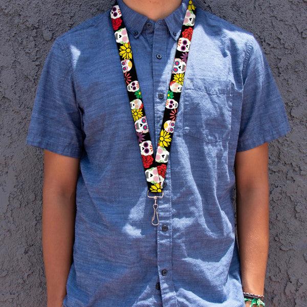 Buckle-Down Lanyard - 1.0" - Sugar Skulls & Flowers Black Multi Color
