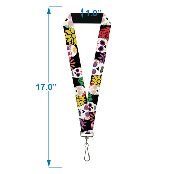Buckle-Down Lanyard - 1.0" - Sugar Skulls & Flowers Black Multi Color