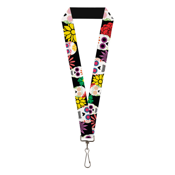 Buckle-Down Lanyard - 1.0" - Sugar Skulls & Flowers Black Multi Color