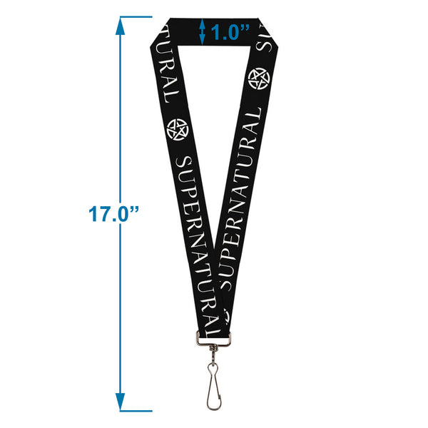 Buckle-Down Lanyard - 1.0" - SUPERNATURAL Text And Pentagram Black/White
