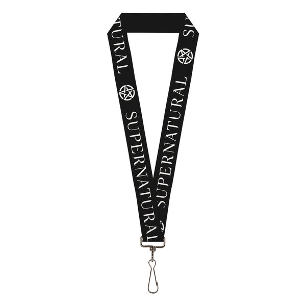 Buckle-Down Lanyard - 1.0" - SUPERNATURAL Text and Pentagram Black/White