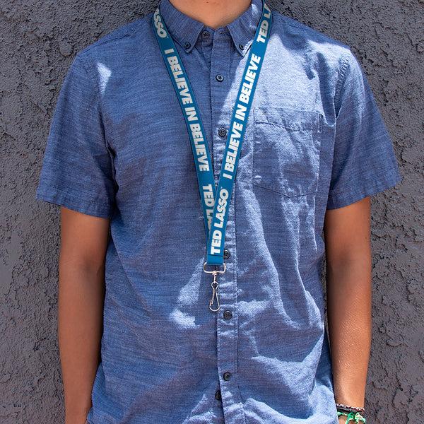 Buckle-Down Lanyard - 1.0" - TED LASSO I BELIEVE IN BELIEVE Bold Text Blue White