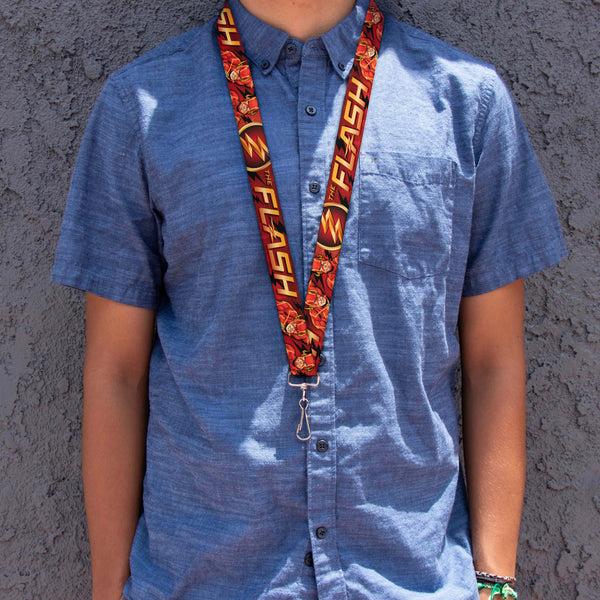 Buckle-Down Lanyard - 1.0" - THE FLASH Logo3 Poses Black Red Gold