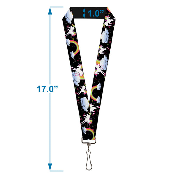 Buckle-Down Lanyard - 1.0" - Unicorns Rainbows Stars Black