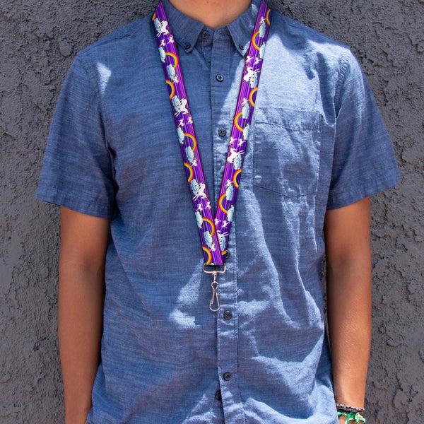 Buckle-Down Lanyard - 1.0" - Unicorns Rainbows W Stripes Purple