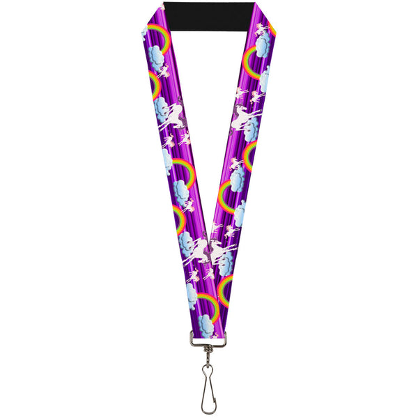 Buckle-Down Lanyard - 1.0" - Unicorns Rainbows w Stripes Purple