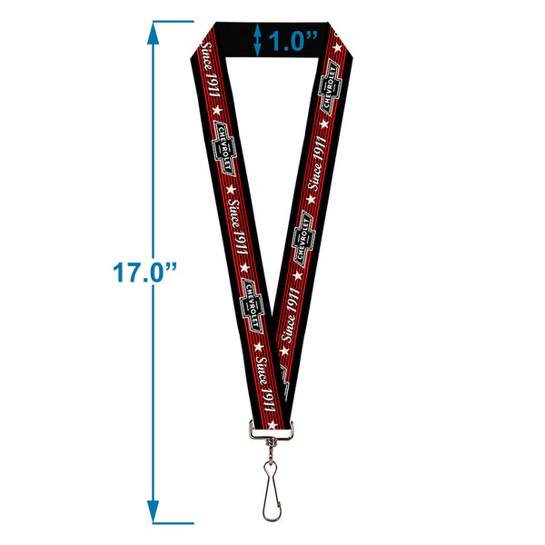 Buckle-Down Lanyard - 1.0" - Vintage CHEVROLET Bowtie SINCE 1911 Stars Stripe Black Red Ivory