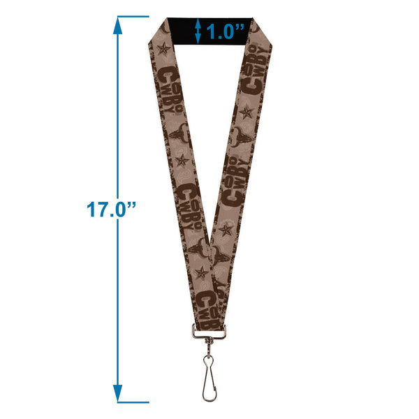 Buckle-Down Lanyard - 1.0" - Western COWBOY Icons Collage Tan Browns