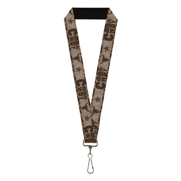 Buckle-Down Lanyard - 1.0" - Western COWBOY Icons Collage Tan Browns