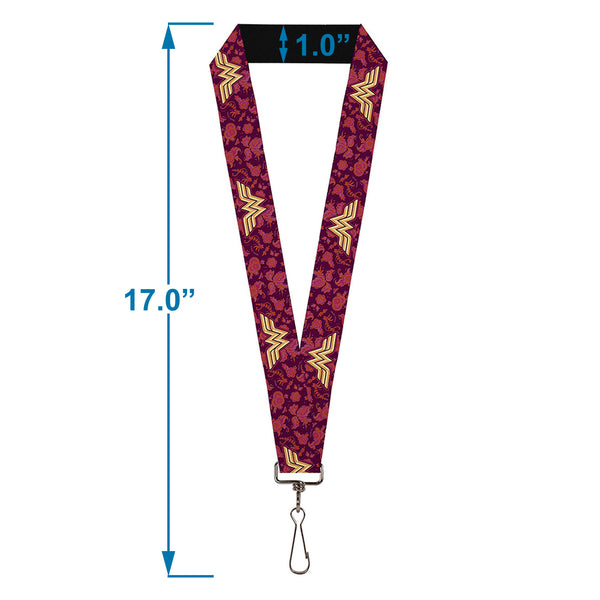 Buckle-Down Lanyard - 1.0" - Wonder Woman Logo Floral Collage Purple Pinks Gold