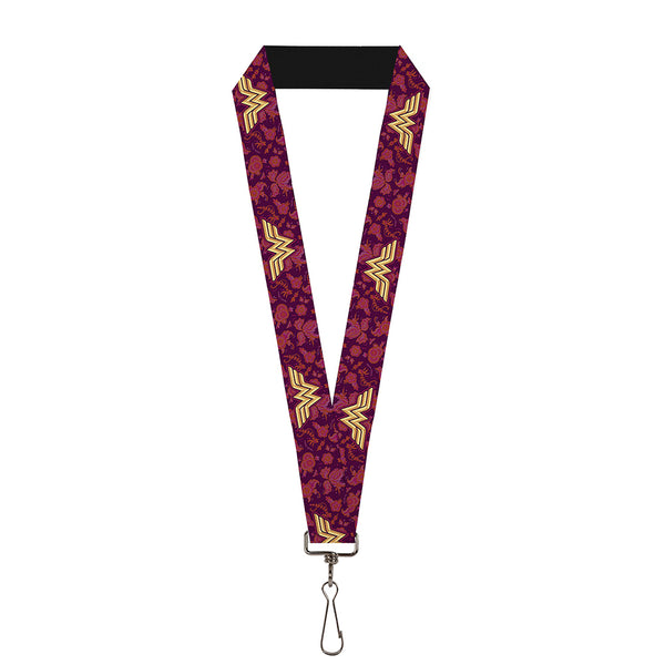 Buckle-Down Lanyard - 1.0" - Wonder Woman Logo Floral Collage Purple Pinks Gold