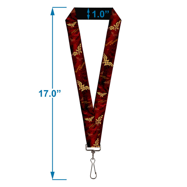 Buckle-Down Lanyard - 1.0" - WONDER WOMAN Logo Text Scattered Rays Weathered Burgundy Gold