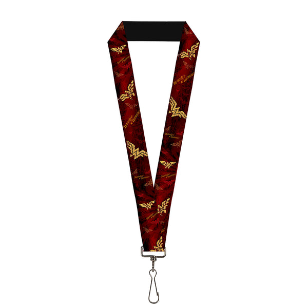 Buckle-Down Lanyard - 1.0" - WONDER WOMAN Logo Text Scattered Rays Weathered Burgundy Gold