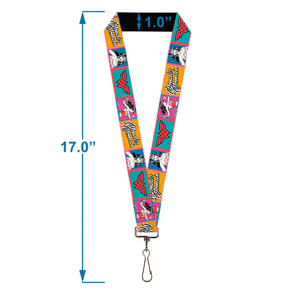 Buckle-Down Lanyard - 1.0" - Wonder Woman Pose And Logo Pop Blocks Multi Color