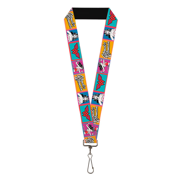 Buckle-Down Lanyard - 1.0" - Wonder Woman Pose and Logo Pop Blocks Multi Color