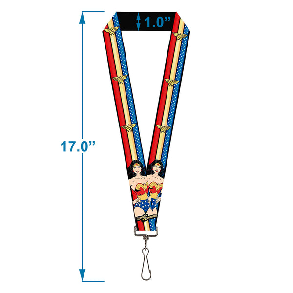 Buckle-Down Lanyard - 1.0" - WONDER WOMAN Pose Logo Stripe Stars Red Gold Blue White