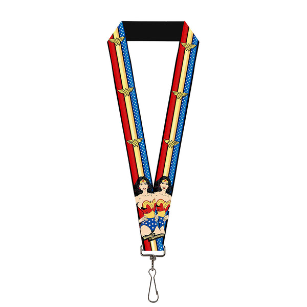 Buckle-Down Lanyard - 1.0" - WONDER WOMAN Pose Logo Stripe Stars Red Gold Blue White
