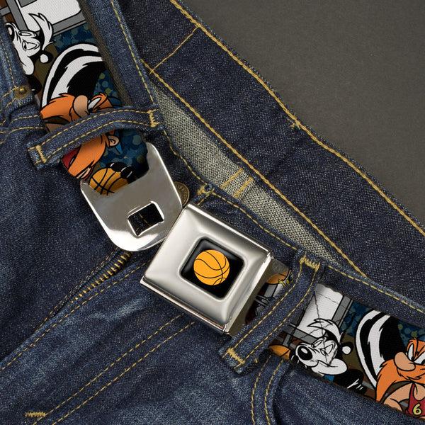 Buckle-Down Looney Tunes Basketball Full Color Black Seatbelt Belt - Looney Tunes Basketball 11-Players/2-Referees Group Pose Blues Webbing