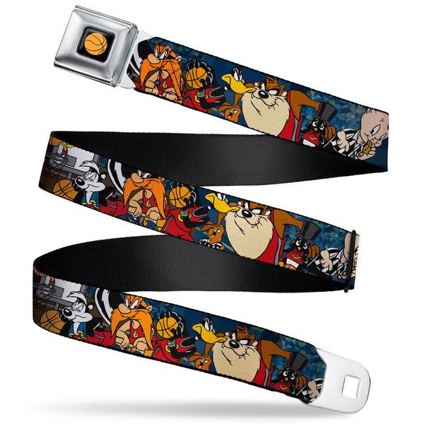 Buckle-Down Looney Tunes Basketball Full Color Black Seatbelt Belt - Looney Tunes Basketball 11-Players/2-Referees Group Pose Blues Webbing
