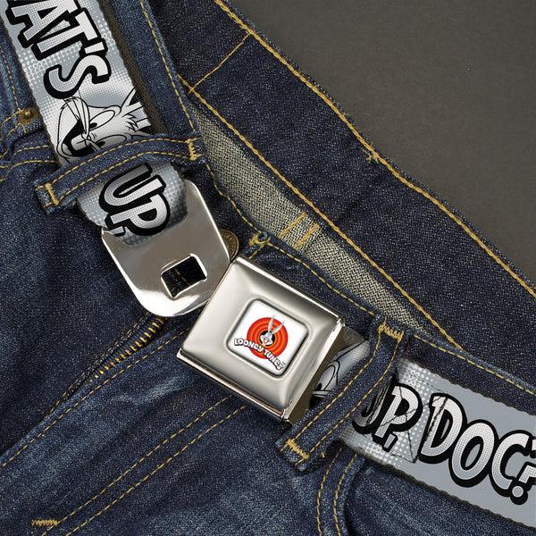 Buckle-Down LOONEY TUNES Bullseye Title Logo Full Color White Seatbelt Belt - Bugs Bunny WHAT'S UP DOC? Pose And Text Grays Webbing