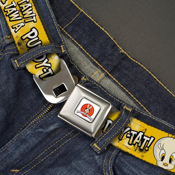 Buckle-Down LOONEY TUNES Bullseye Title Logo Full Color White Seatbelt Belt - Looney Tunes Tweety I TAWT I TAW A PUDDY-TAT Expression Yellows Webbing