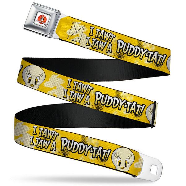 Buckle-Down LOONEY TUNES Bullseye Title Logo Full Color White Seatbelt Belt - Looney Tunes Tweety I TAWT I TAW A PUDDY-TAT Expression Yellows Webbing