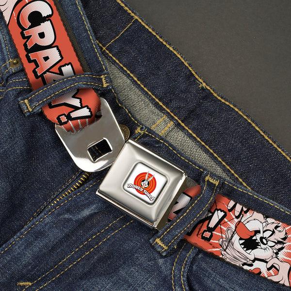 Buckle-Down LOONEY TUNES Bullseye Title Logo Full Color White Seatbelt Belt - Looney Tunes Taz Tasmanian Devil LET'S GO CRAZY Pose Reds Webbing