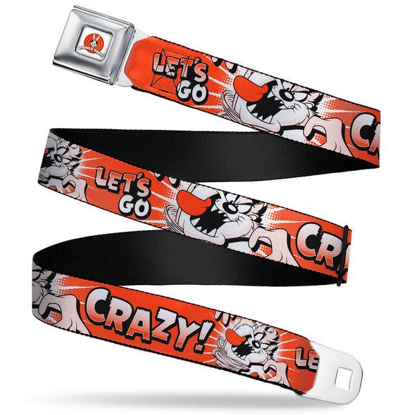 Buckle-Down LOONEY TUNES Bullseye Title Logo Full Color White Seatbelt Belt - Looney Tunes Taz Tasmanian Devil LET'S GO CRAZY Pose Reds Webbing