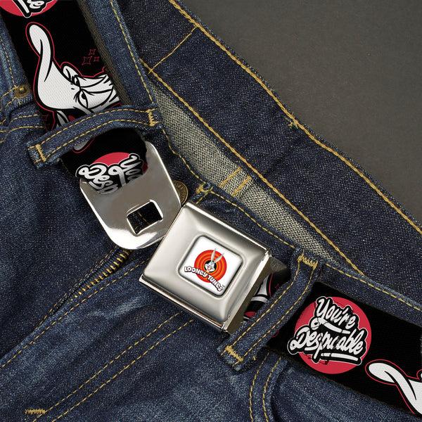 Buckle-Down LOONEY TUNES Bullseye Title Logo Full Color White Seatbelt Belt - Looney Tunes Daffy Duck YOU'RE DESPICABLE Expression Black Webbing