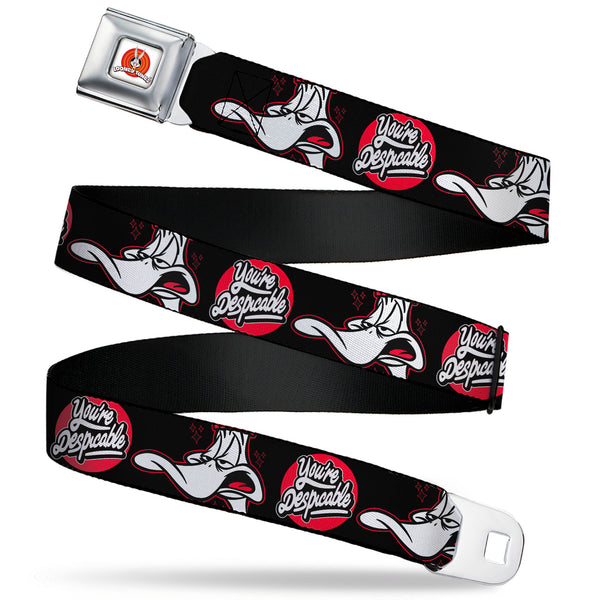 Buckle-Down LOONEY TUNES Bullseye Title Logo Full Color White Seatbelt Belt - Looney Tunes Daffy Duck YOU'RE DESPICABLE Expression Black Webbing
