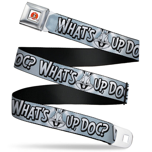Buckle-Down LOONEY TUNES Bullseye Title Logo Full Color White Seatbelt Belt - Bugs Bunny WHAT'S UP DOC? Pose and Text Grays Webbing