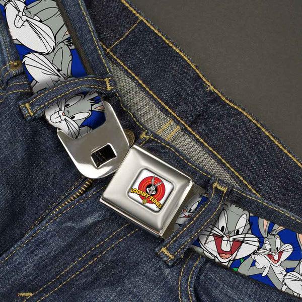 Buckle-Down Looney Tunes Logo Full Color White Seatbelt Belt - Bugs Bunny CLOSE-UP Poses Blue Webbing