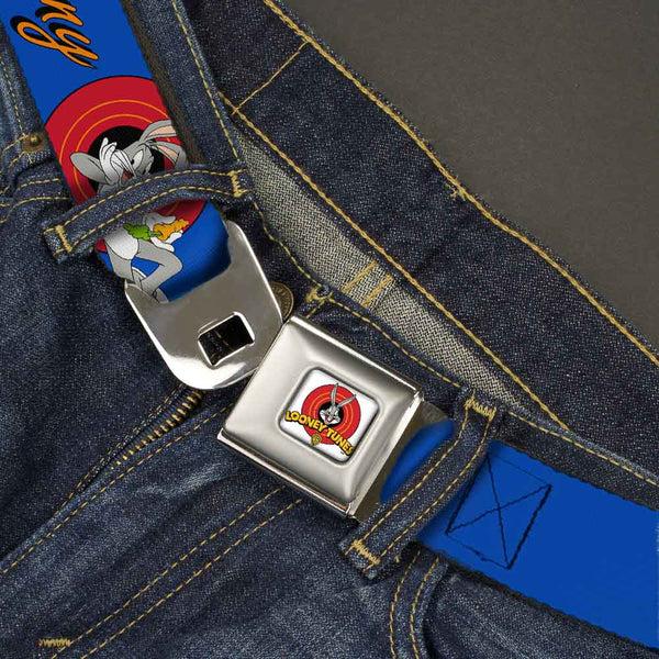 Buckle-Down Looney Tunes Logo Full Color White Seatbelt Belt - BUGS BUNNY W/Bugs Poses Blue Webbing