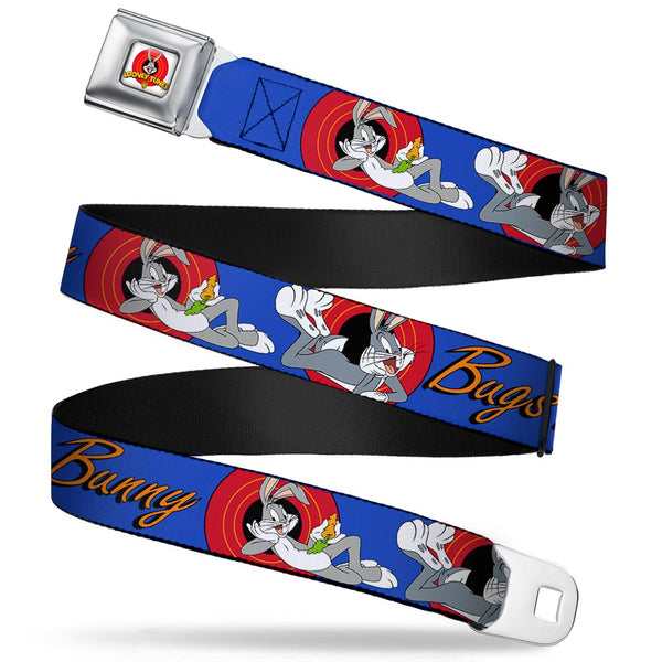 Buckle-Down Looney Tunes Logo Full Color White Seatbelt Belt - BUGS BUNNY w/Bugs Poses Blue Webbing