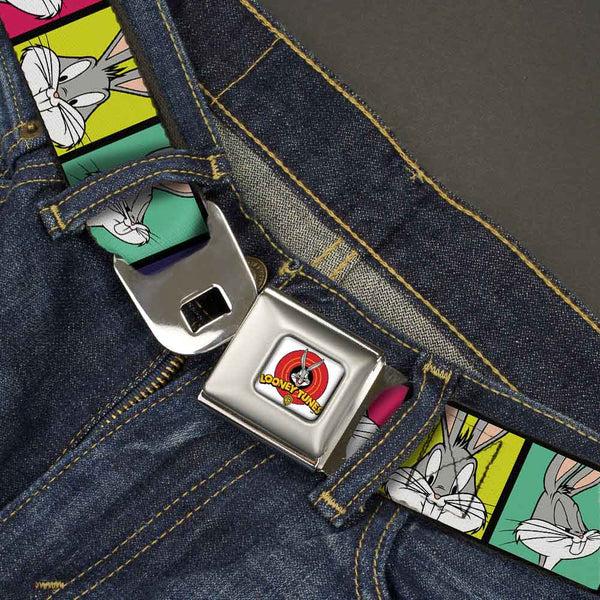 Buckle-Down Looney Tunes Logo Full Color White Seatbelt Belt - Bugs Bunny Expression Blocks Multi Color Webbing