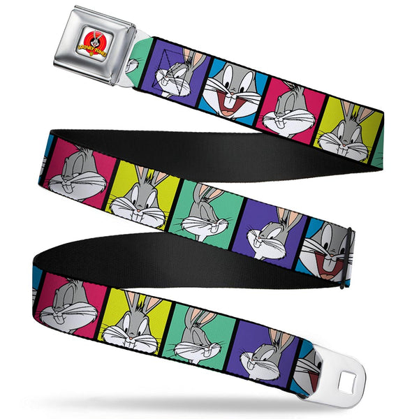 Buckle-Down Looney Tunes Logo Full Color White Seatbelt Belt - Bugs Bunny Expression Blocks Multi Color Webbing
