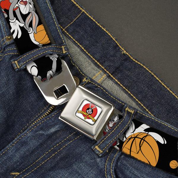 Buckle-Down Looney Tunes Logo Full Color White Seatbelt Belt - Bugs Bunny 4-Basketball Poses Black Webbing