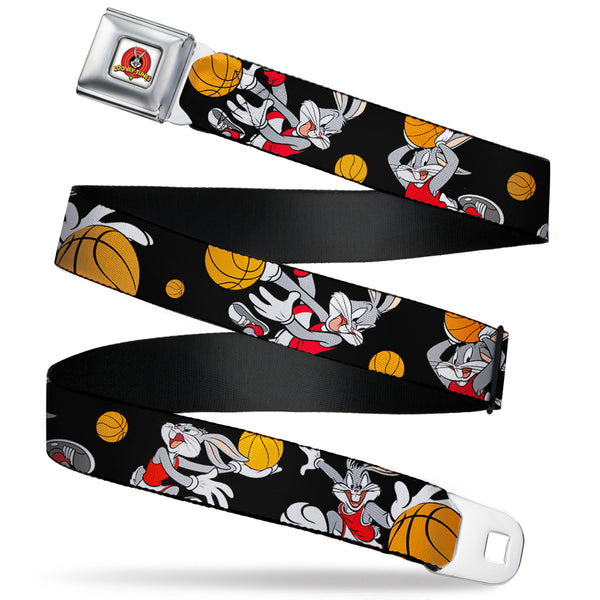 Buckle-Down Looney Tunes Logo Full Color White Seatbelt Belt - Bugs Bunny 4-Basketball Poses Black Webbing