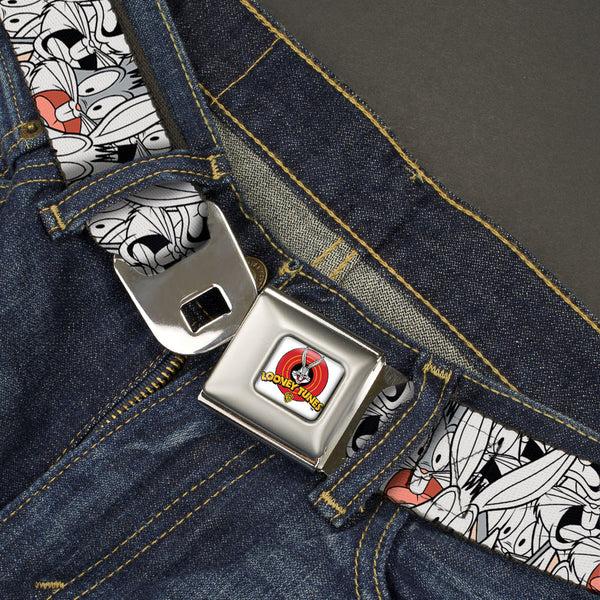 Buckle-Down Looney Tunes Logo Full Color White Seatbelt Belt - Bugs Bunny Expressions Stacked White/Black/Gray Webbing