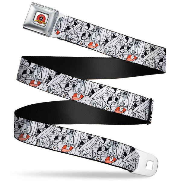 Buckle-Down Looney Tunes Logo Full Color White Seatbelt Belt - Bugs Bunny Expressions Stacked White/Black/Gray Webbing